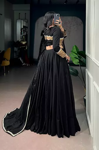 Women Black Khadi Cotton Flared Lehenga Choli with Sequins & Thread Embroidered Blouse and Dupatta Set