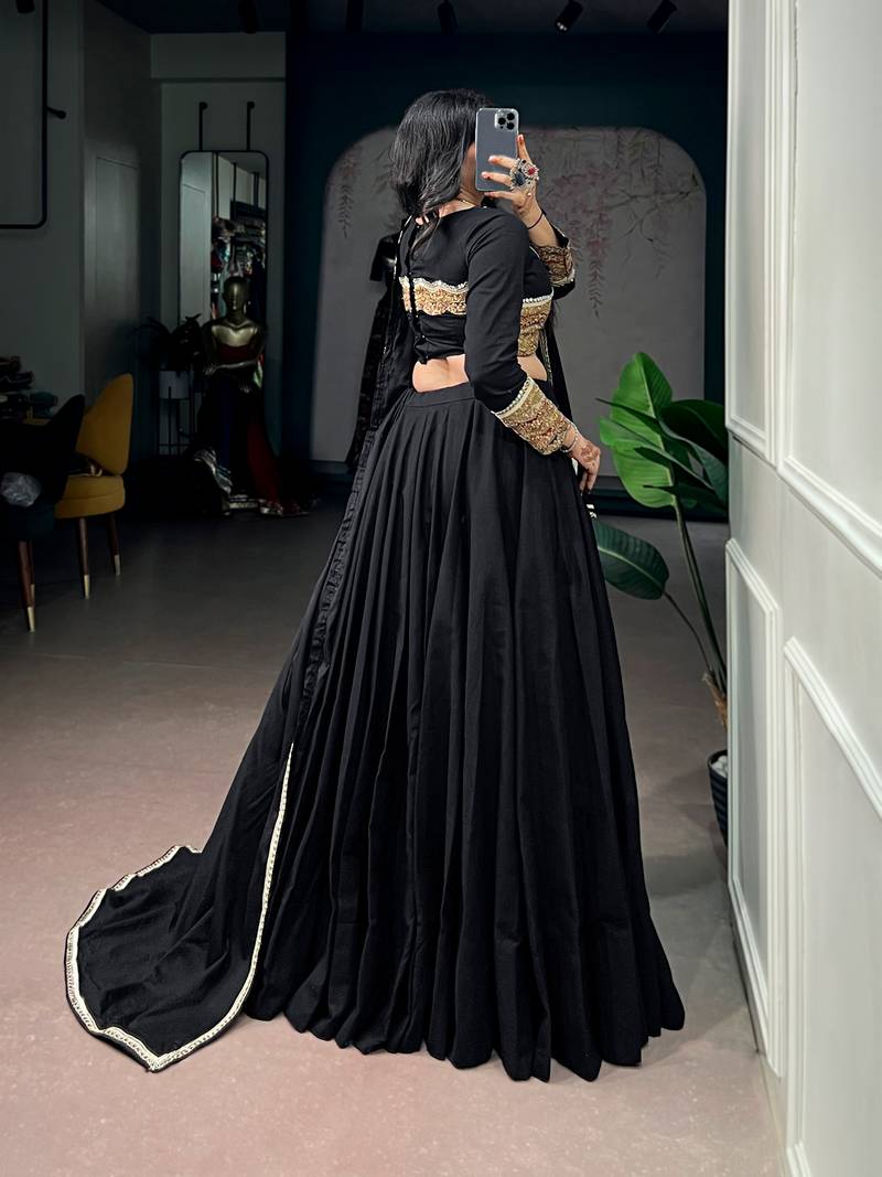 Women Black Khadi Cotton Flared Lehenga Choli with Sequins & Thread Embroidered Blouse and Dupatta Set