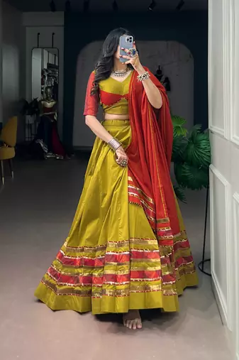 Women Olive Green Dhabu Cotton Free Size Flared Lehenga Choli with Red Dupatta Set