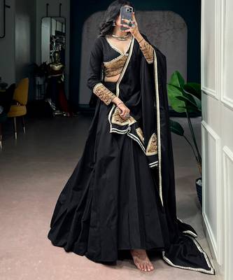 Women Black Khadi Cotton Flared Lehenga Choli with Sequins & Thread Embroidered Blouse and Dupatta Set 4