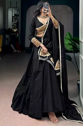Women Black Khadi Cotton Flared Lehenga Choli with Sequins & Thread Embroidered Blouse and Dupatta Set