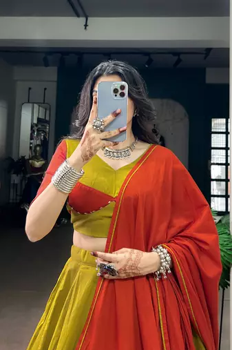 Women Olive Green Dhabu Cotton Free Size Flared Lehenga Choli with Red Dupatta Set