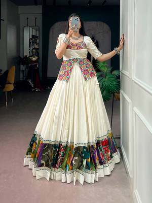 Off-White & Multicolor Printed Border Khadi Cotton Lehenga Set with Stitched Koti Top 1