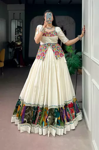Off-White & Multicolor Printed Border Khadi Cotton Lehenga Set with Stitched Koti Top