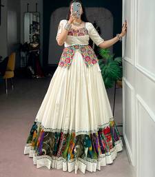 Off-White & Multicolor Printed Border Khadi Cotton Lehenga Set with Stitched Koti Top