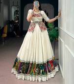Off-White & Multicolor Printed Border Khadi Cotton Lehenga Set with Stitched Koti Top