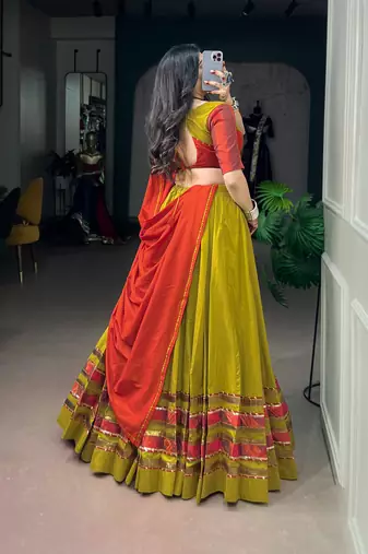 Women Olive Green Dhabu Cotton Free Size Flared Lehenga Choli with Red Dupatta Set