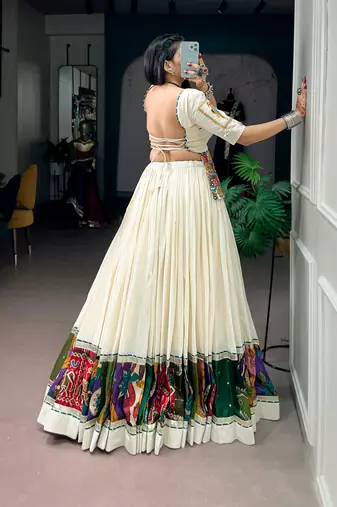 Off-White & Multicolor Printed Border Khadi Cotton Lehenga Set with Stitched Koti Top