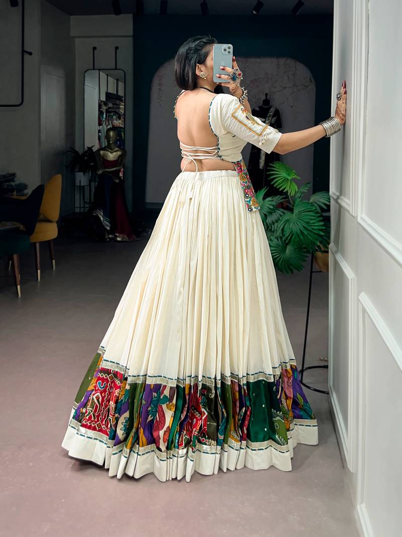Off-White & Multicolor Printed Border Khadi Cotton Lehenga Set with Stitched Koti Top