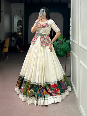 Off-White & Multicolor Printed Border Khadi Cotton Lehenga Set with Stitched Koti Top 4
