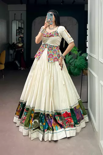 Off-White & Multicolor Printed Border Khadi Cotton Lehenga Set with Stitched Koti Top