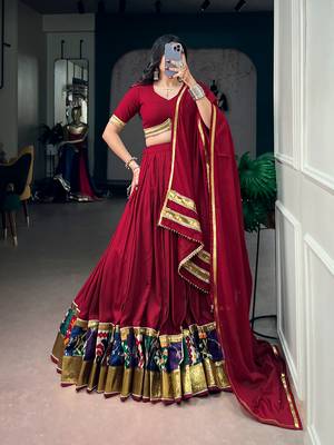 Navratri Special Maroon Rayon Chaniya Choli Set with Embossed Lace Patchwork Border for Women - Free Size  1