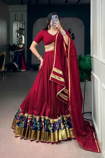 Navratri Special Maroon Rayon Chaniya Choli Set with Embossed Lace Patchwork Border for Women - Free Size 