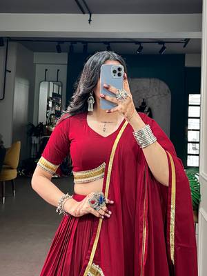Navratri Special Maroon Rayon Chaniya Choli Set with Embossed Lace Patchwork Border for Women - Free Size  2