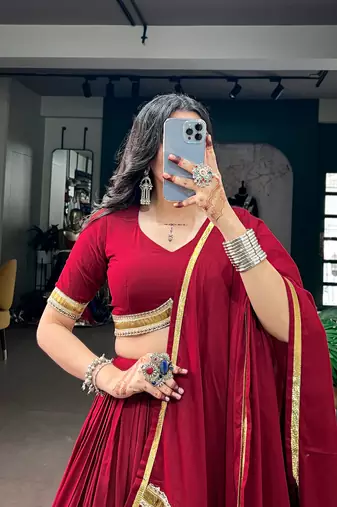 Navratri Special Maroon Rayon Chaniya Choli Set with Embossed Lace Patchwork Border for Women - Free Size 