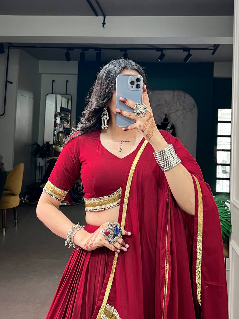 Navratri Special Maroon Rayon Chaniya Choli Set with Embossed Lace Patchwork Border for Women - Free Size 