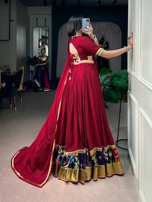 Navratri Special Maroon Rayon Chaniya Choli Set with Embossed Lace Patchwork Border for Women - Free Size  3