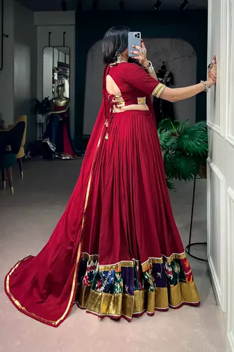 Navratri Special Maroon Rayon Chaniya Choli Set with Embossed Lace Patchwork Border for Women - Free Size 