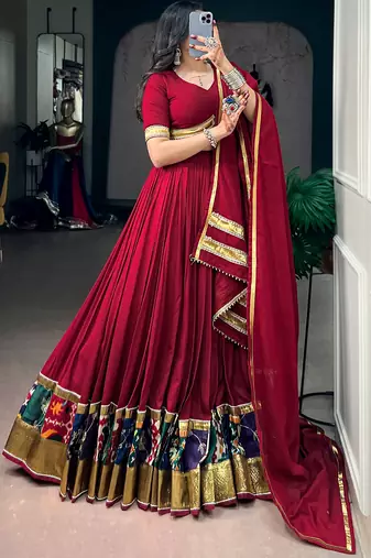 Navratri Special Maroon Rayon Chaniya Choli Set with Embossed Lace Patchwork Border for Women - Free Size 