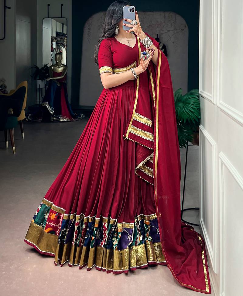Navratri Special Maroon Rayon Chaniya Choli Set with Embossed Lace Patchwork Border for Women - Free Size 