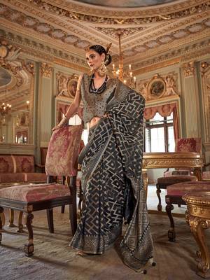 black p.v. checks zari work with burnout and warnish soft finish bollywood saree 1