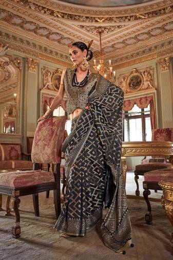black p.v. checks zari work with burnout and warnish soft finish bollywood saree