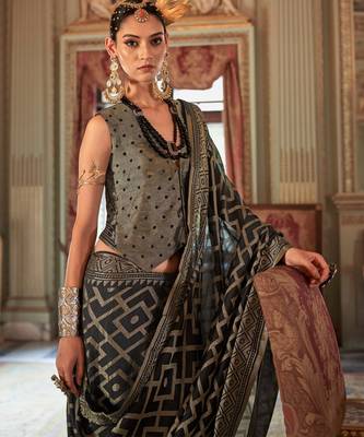 black p.v. checks zari work with burnout and warnish soft finish bollywood saree 2