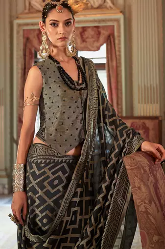 black p.v. checks zari work with burnout and warnish soft finish bollywood saree