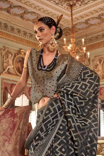 black p.v. checks zari work with burnout and warnish soft finish bollywood saree