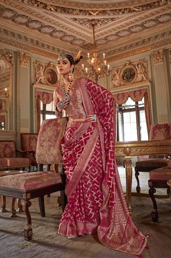 brick red p.v. checks zari work with burnout and warnish soft finish bollywood saree