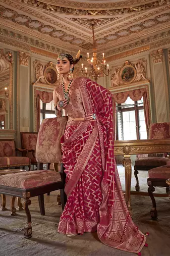 brick red p.v. checks zari work with burnout and warnish soft finish bollywood saree