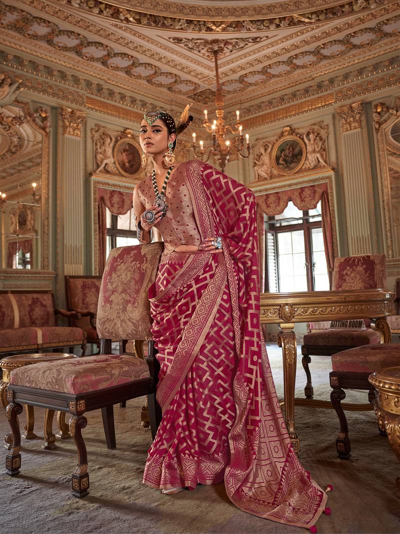brick red p.v. checks zari work with burnout and warnish soft finish bollywood saree