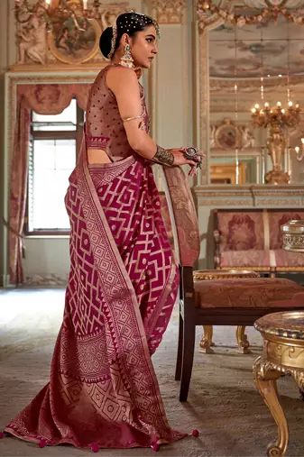 brick red p.v. checks zari work with burnout and warnish soft finish bollywood saree