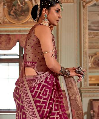brick red p.v. checks zari work with burnout and warnish soft finish bollywood saree 3