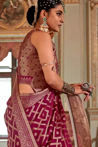 brick red p.v. checks zari work with burnout and warnish soft finish bollywood saree