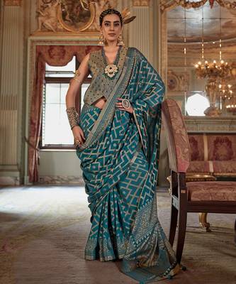 turquoise blue p.v. checks zari work with burnout soft finish bollywood saree 1