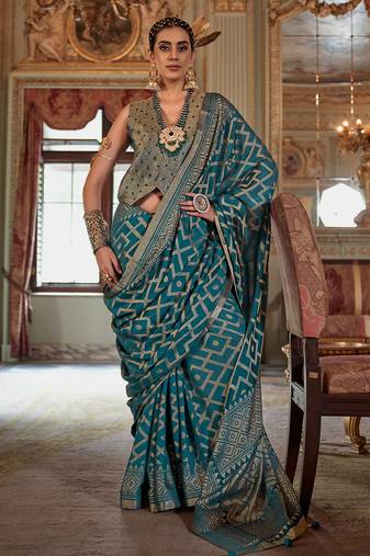 turquoise blue p.v. checks zari work with burnout soft finish bollywood saree