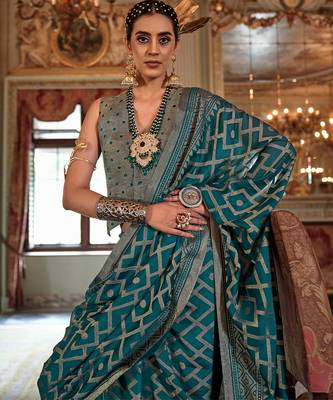turquoise blue p.v. checks zari work with burnout soft finish bollywood saree 2