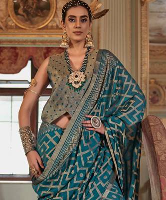 turquoise blue p.v. checks zari work with burnout soft finish bollywood saree 3