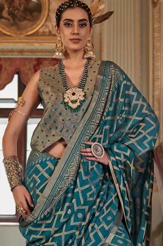 turquoise blue p.v. checks zari work with burnout soft finish bollywood saree