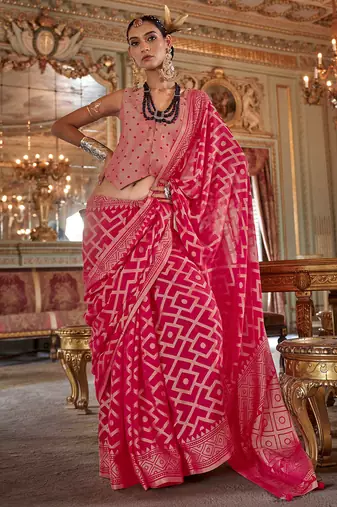 red p.v. checks zari work with burnout and warnish soft finish bollywood saree