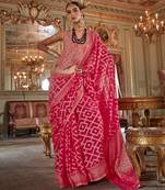 red p.v. checks zari work with burnout and warnish soft finish bollywood saree