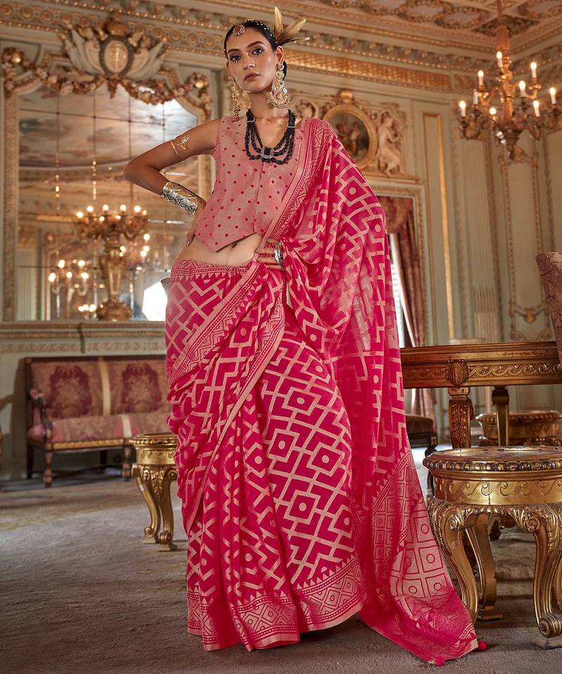 red p.v. checks zari work with burnout and warnish soft finish bollywood saree
