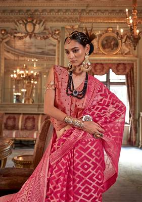 red p.v. checks zari work with burnout and warnish soft finish bollywood saree 2