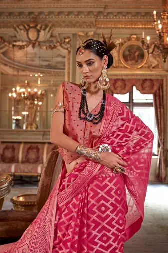 red p.v. checks zari work with burnout and warnish soft finish bollywood saree