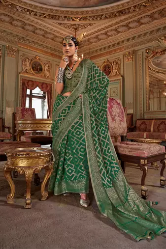 emerald green p.v. checks zari work with burnout soft finish bollywood saree