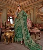 emerald green p.v. checks zari work with burnout soft finish bollywood saree