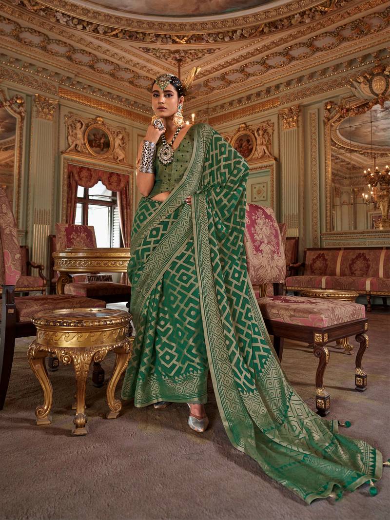 emerald green p.v. checks zari work with burnout soft finish bollywood saree