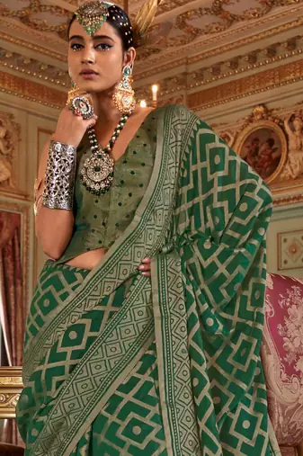 emerald green p.v. checks zari work with burnout soft finish bollywood saree