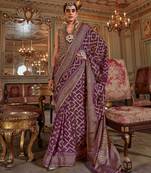 wine p.v. checks zari work with burnout and warnish soft finish bollywood saree